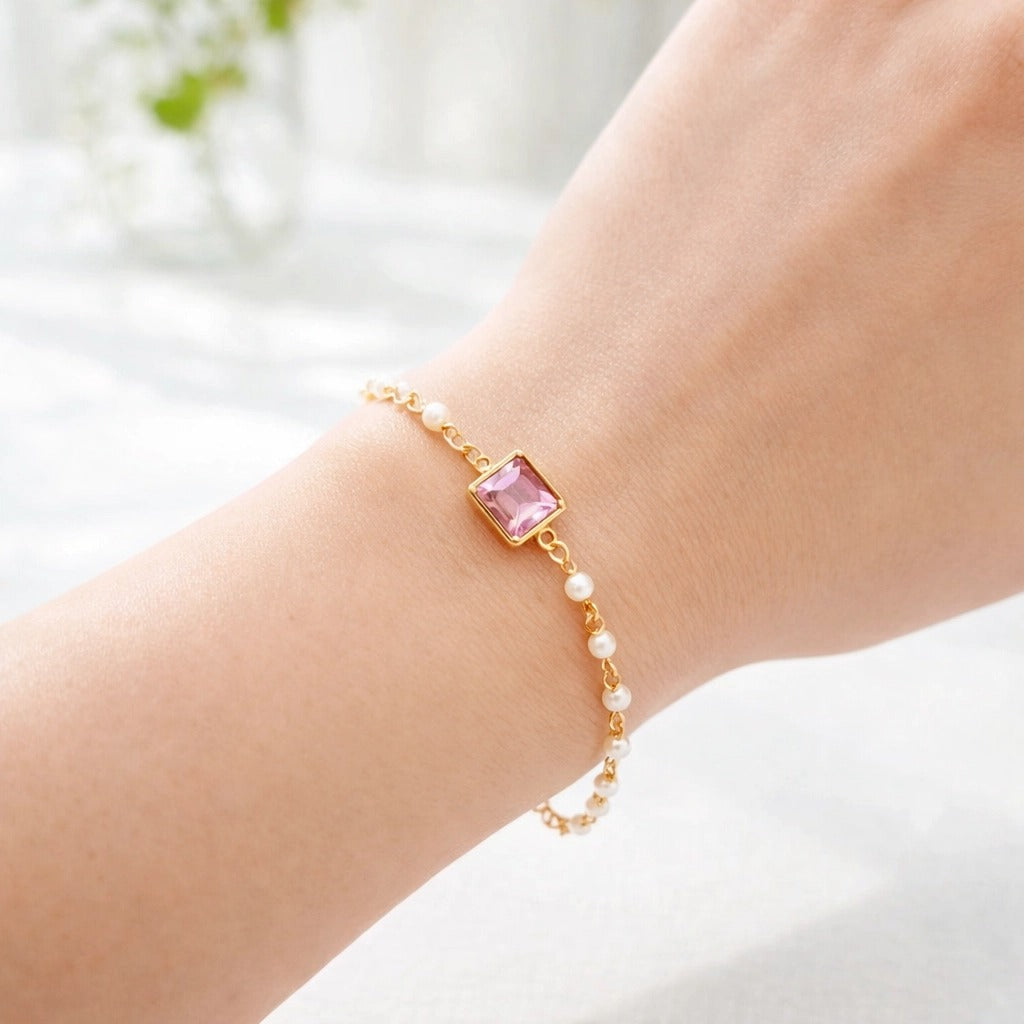 Pink Crystal & Pearl Chain Bracelet | 18K Gold Plated | Dainty Gemstone Bracelet for Her