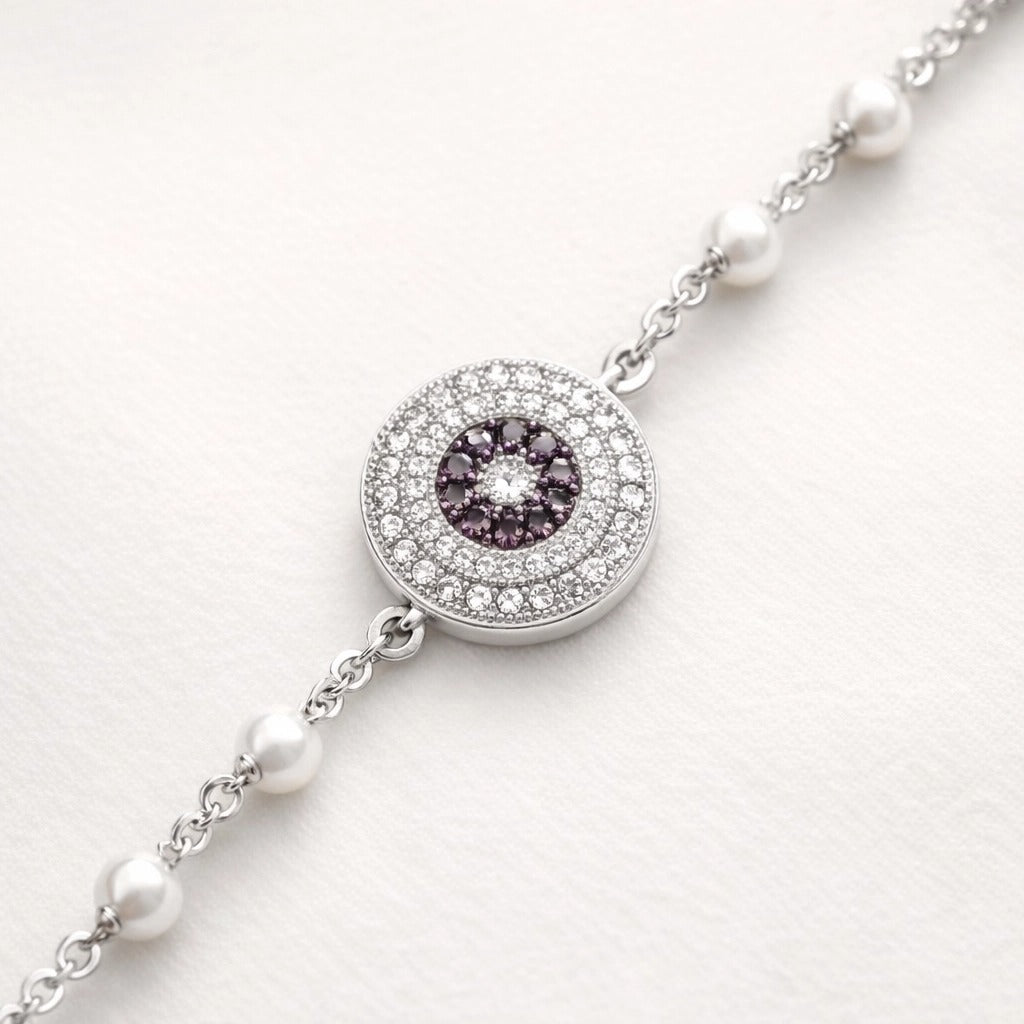 Purple Crystal & Pearl Chain Bracelet | Silver Halo Pendant | Stainless Steel