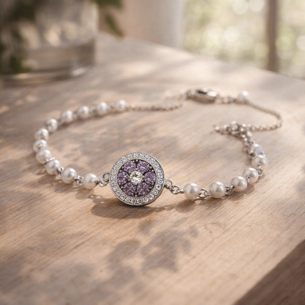 Purple Crystal & Pearl Chain Bracelet | Silver Halo Pendant | Stainless Steel