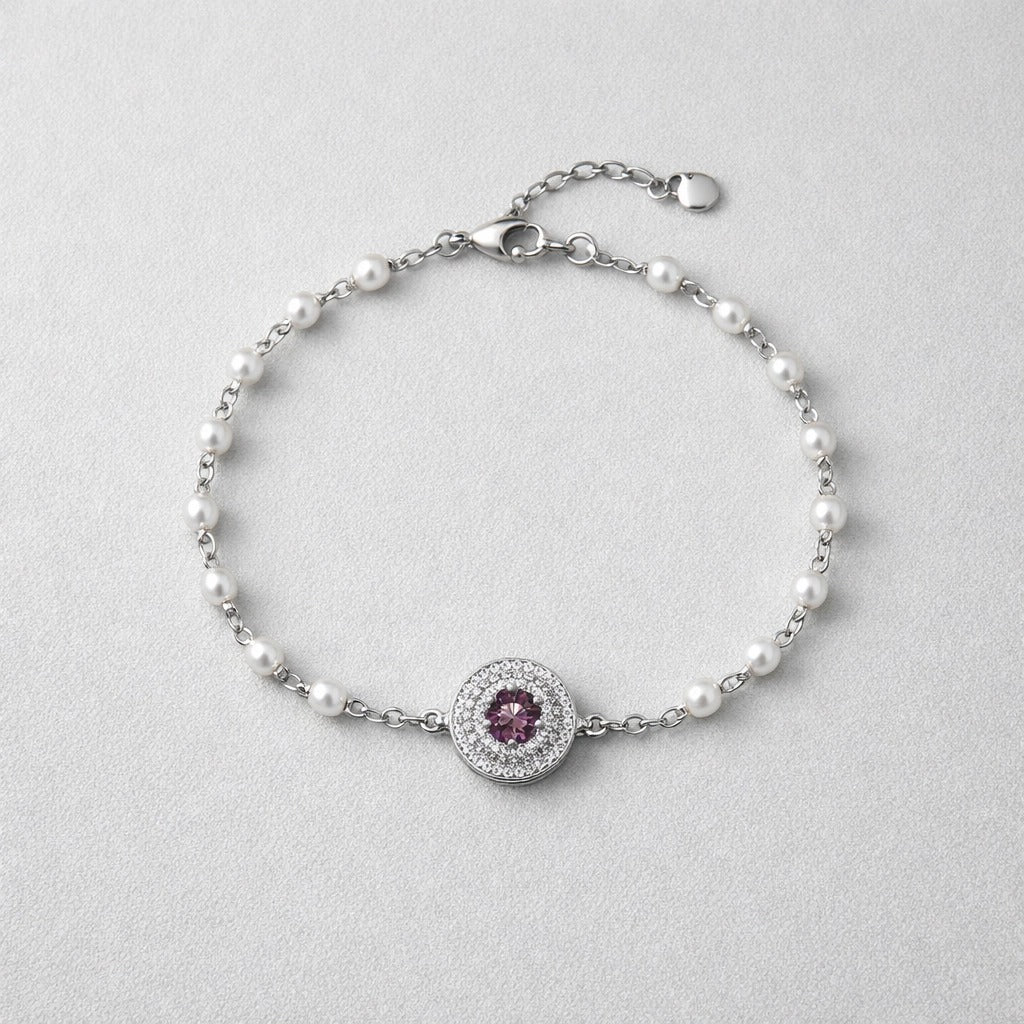 Purple Crystal & Pearl Chain Bracelet | Silver Halo Pendant | Stainless Steel