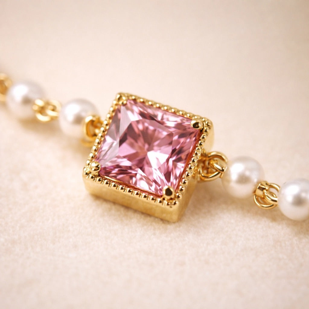 Pink Crystal & Pearl Chain Bracelet | 18K Gold Plated | Dainty Gemstone Bracelet for Her