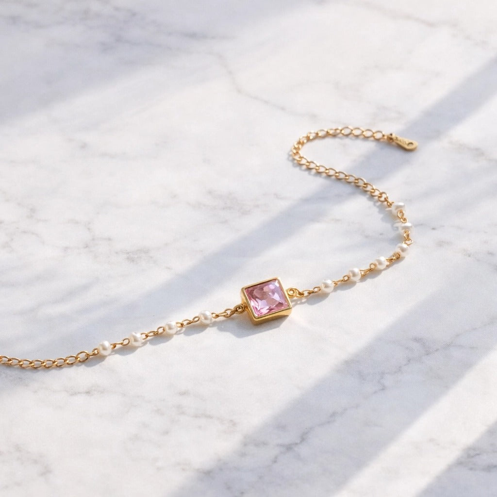 Pink Crystal & Pearl Chain Bracelet | 18K Gold Plated | Dainty Gemstone Bracelet for Her
